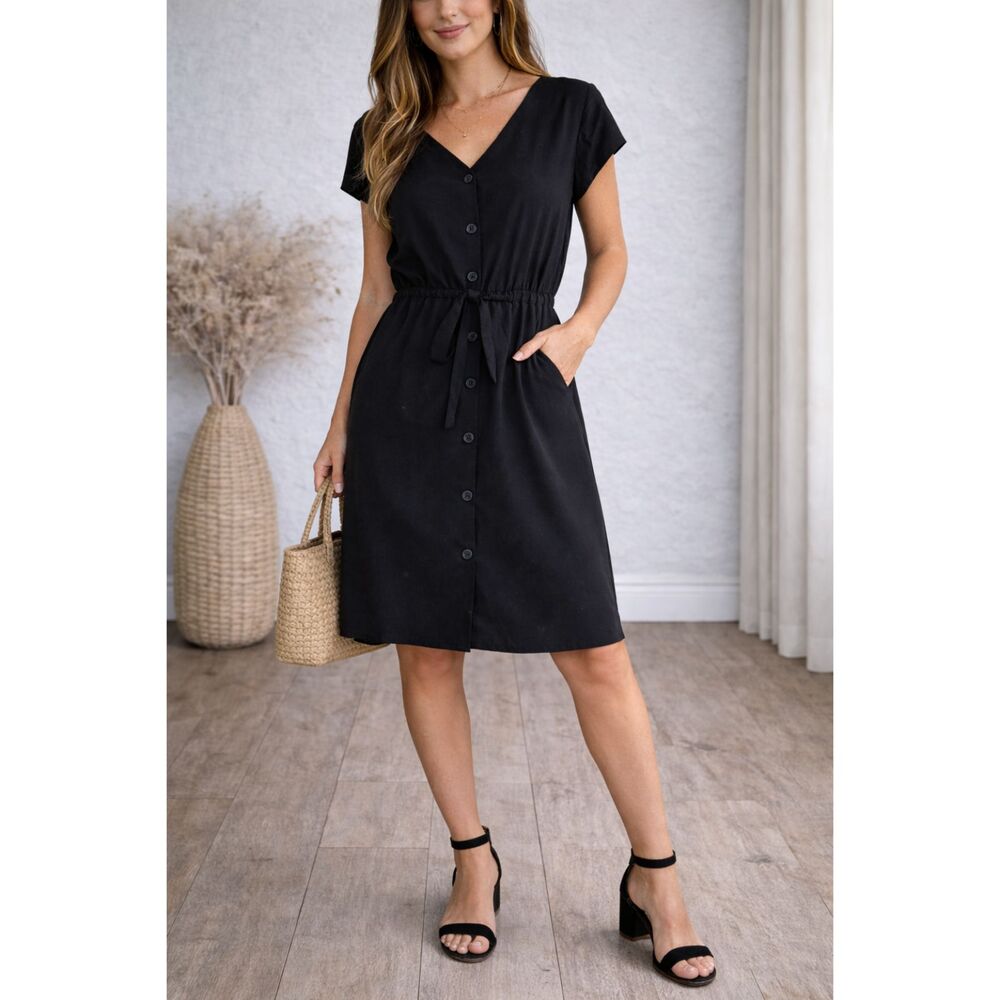Rock & Republic Button Front Tie Waist Dress XS Black Short Sleeve Midi Dress